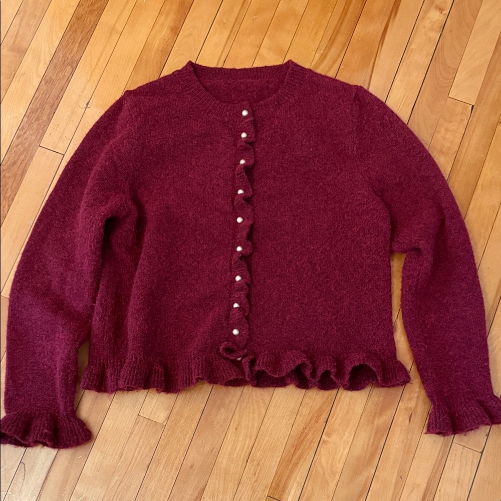 Women’s Burgundy Ruffle-Trim Cardigan Sweater size 10